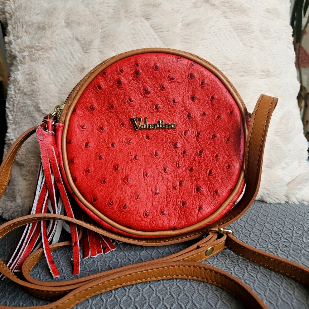 Valentina Red Round Crossbody, Ostrich Leather Bag